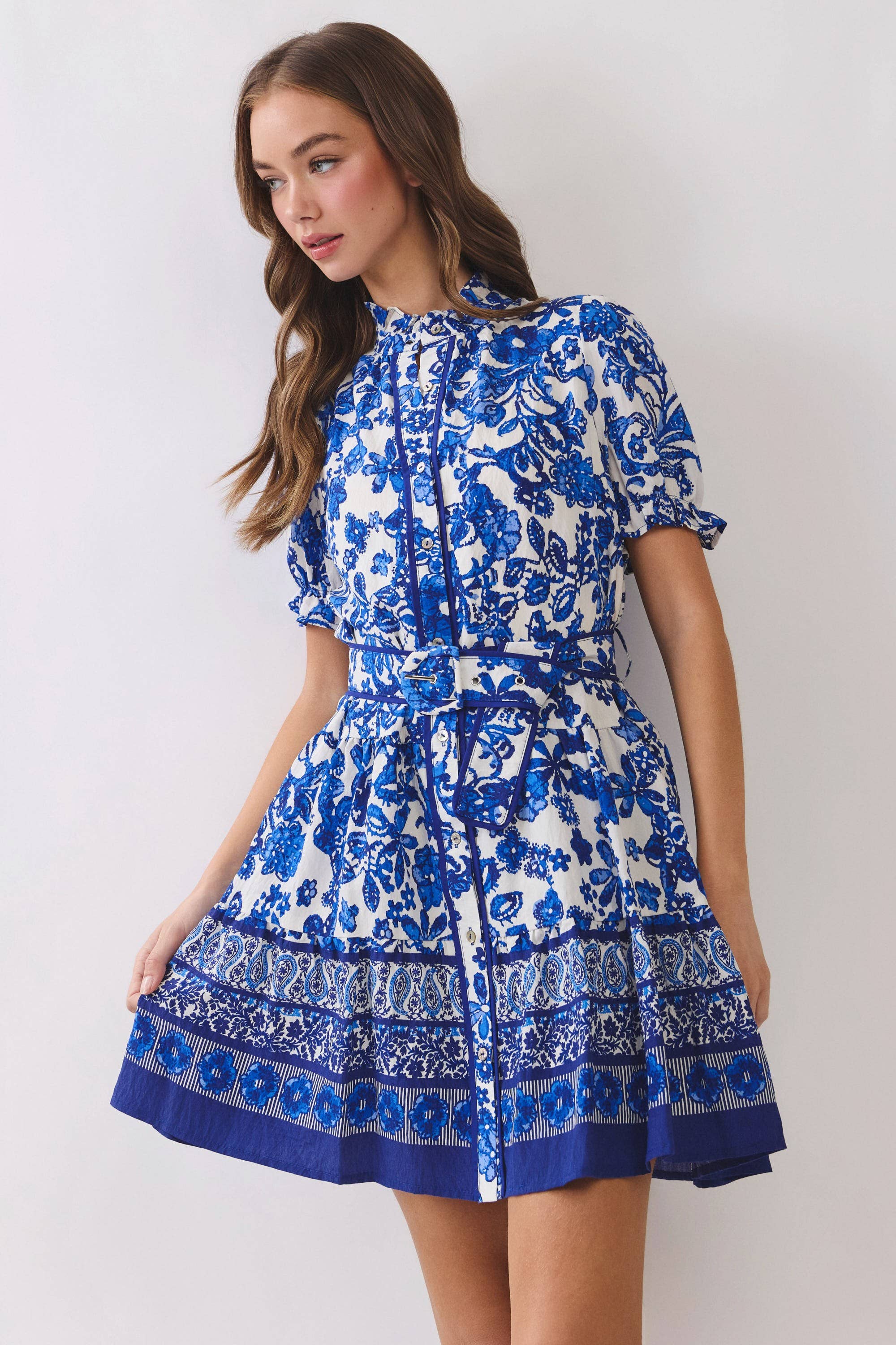 Floral Print Belted Mini Shirt Dress