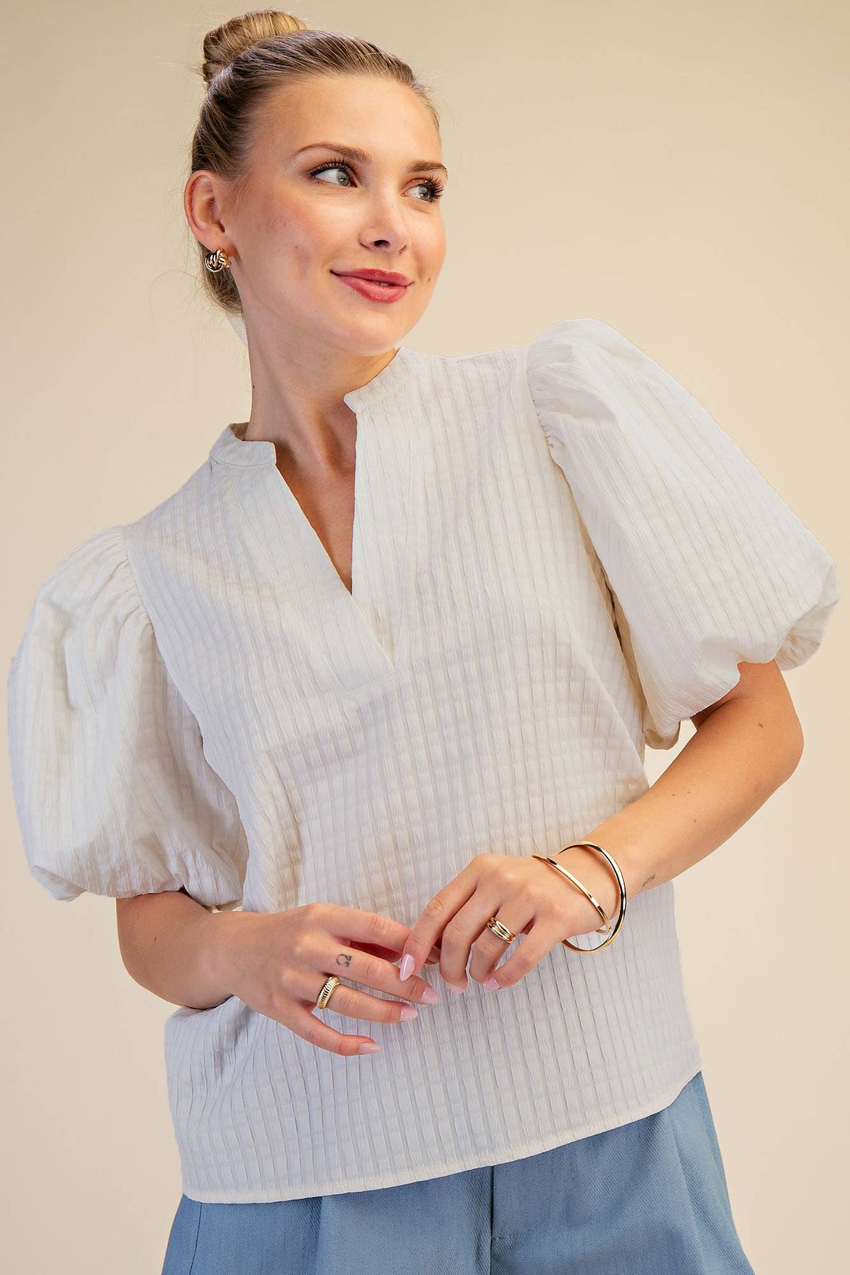 V-Neck Textured Puff Sleeve Top