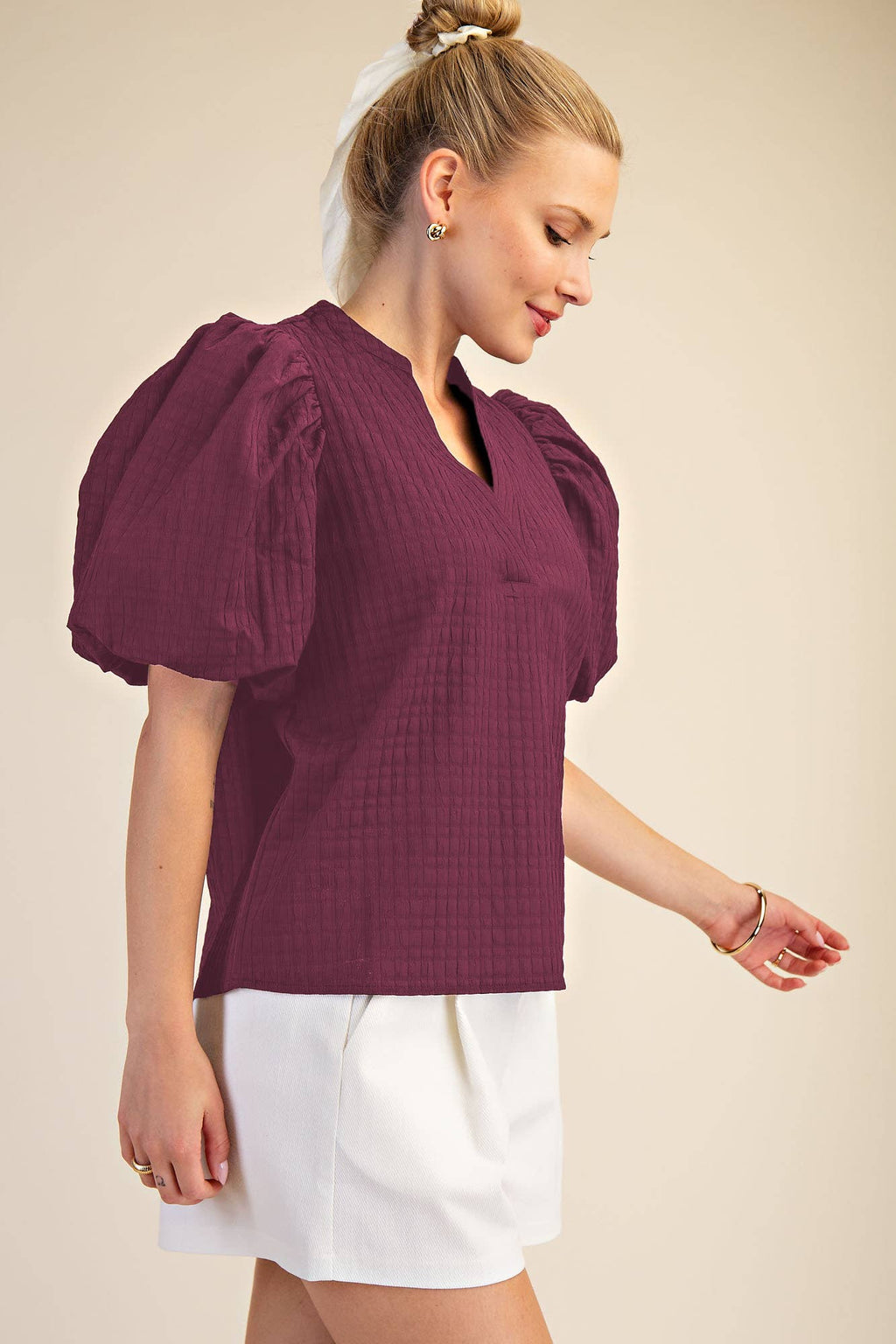 V-Neck Textured Puff Sleeve Top