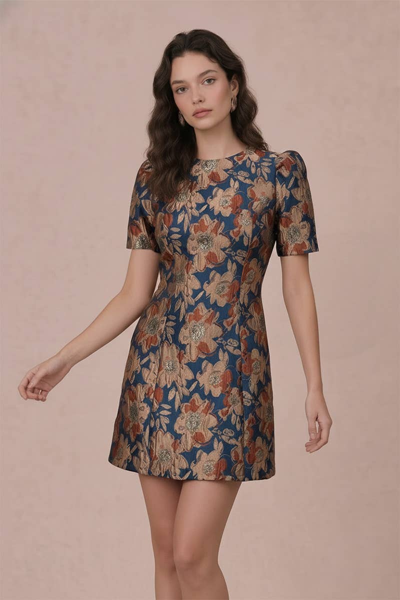 Short Puff Sleeve Jacquard Mini Dress