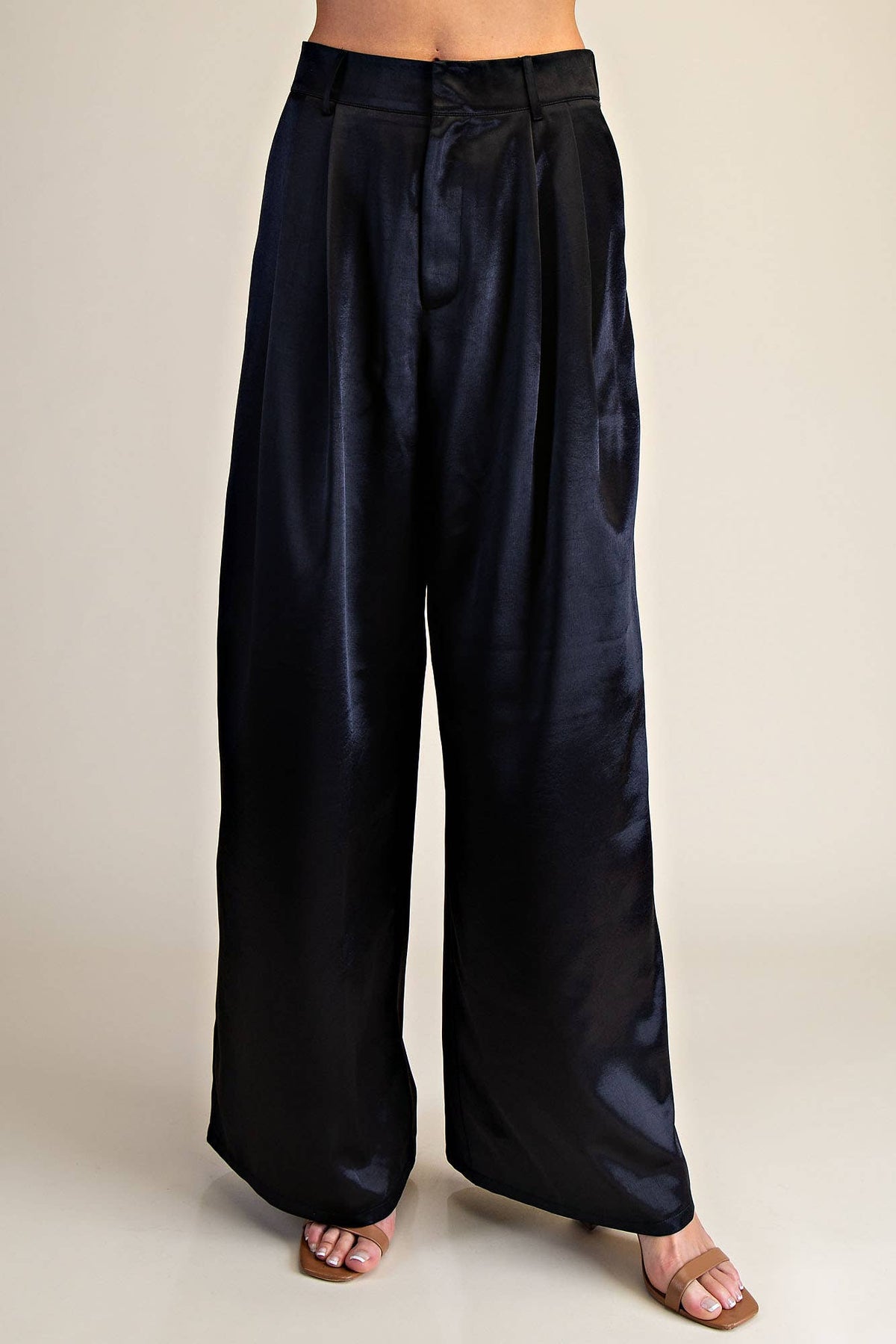 High-Waisted Double Pleat Satin Pants