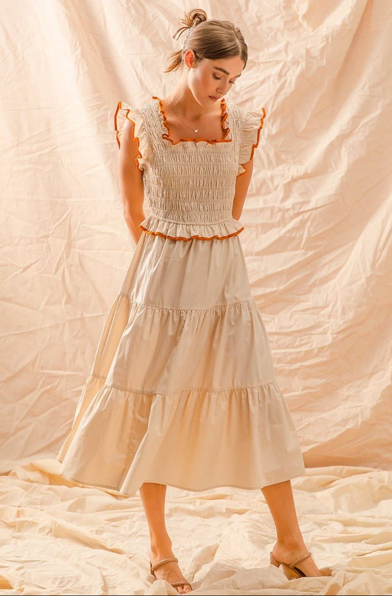 Smocked Ruffle Midi Dress with Rust Detail