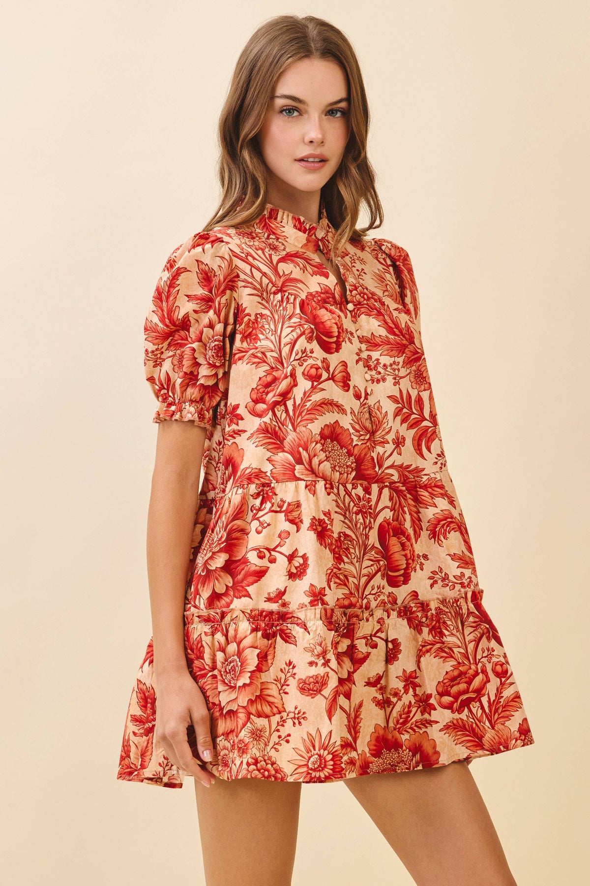 Floral Print Ruffled Mock Neck Mini Dress