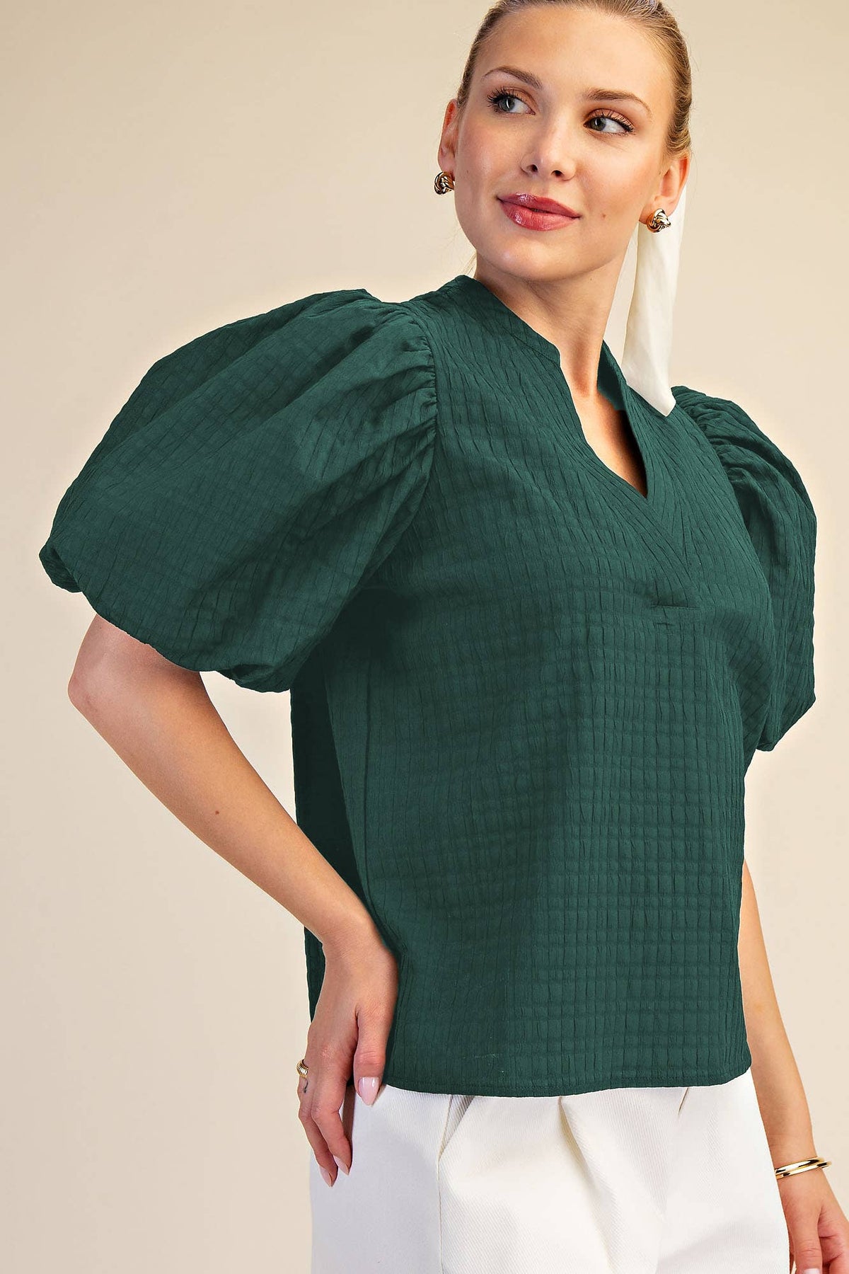 V-Neck Textured Puff Sleeve Top
