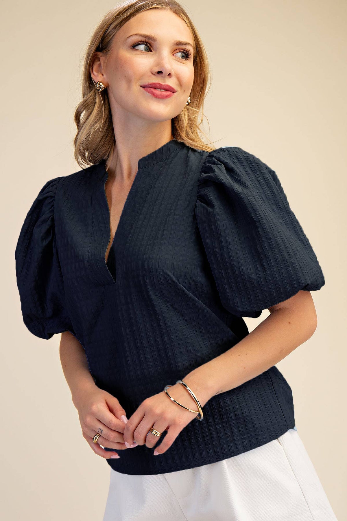 V-Neck Textured Puff Sleeve Top