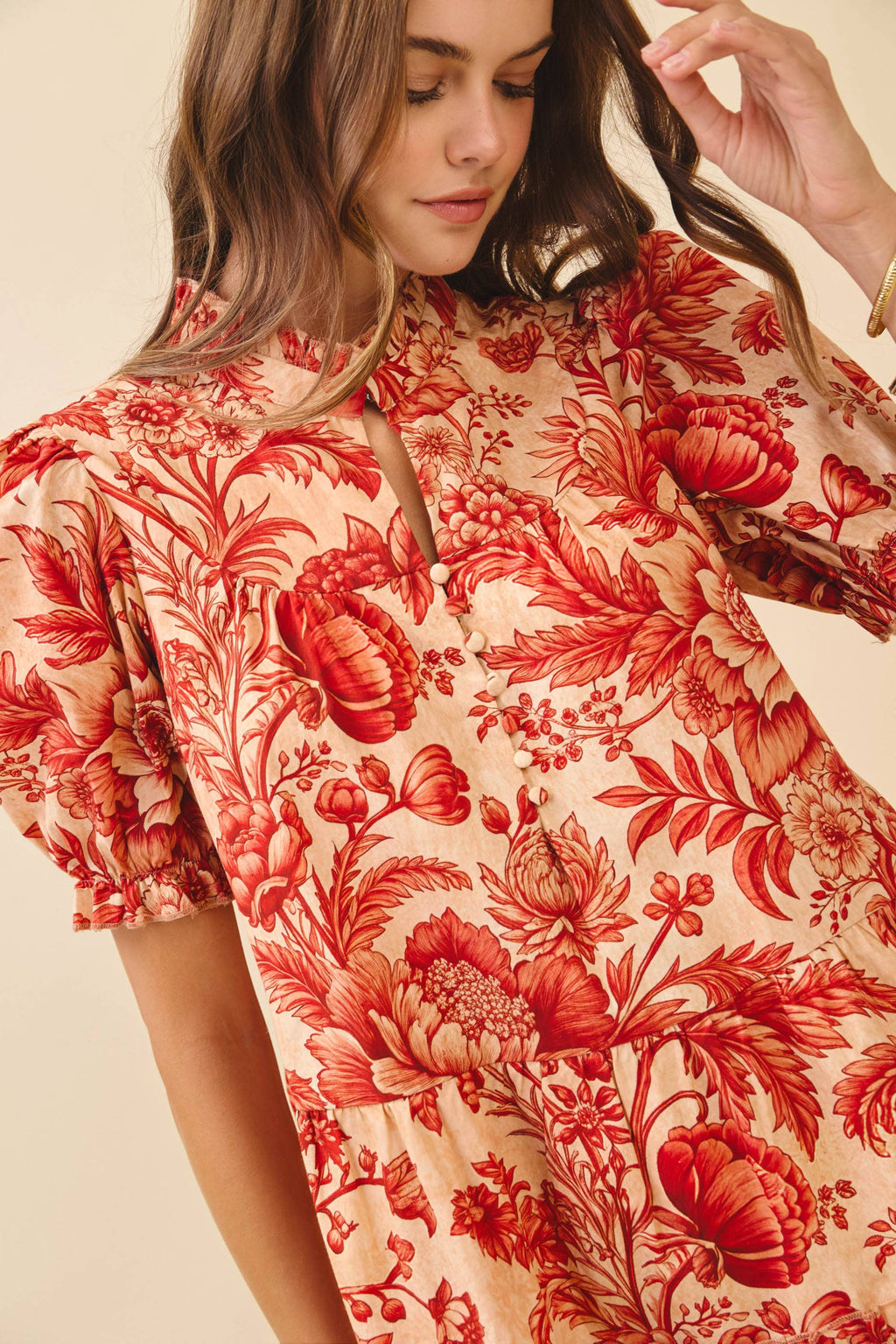 Floral Print Ruffled Mock Neck Mini Dress