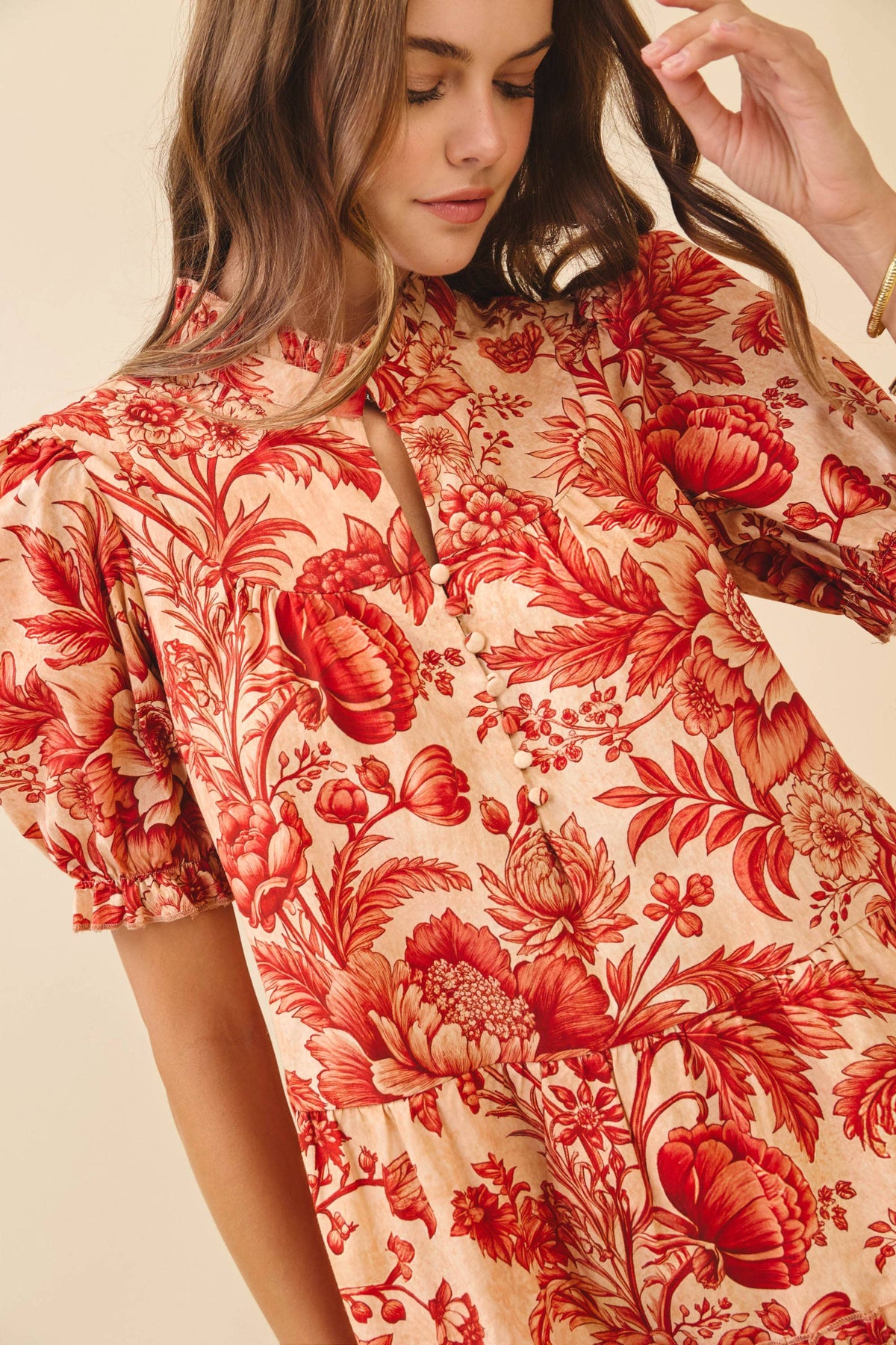 Floral Print Ruffled Mock Neck Mini Dress