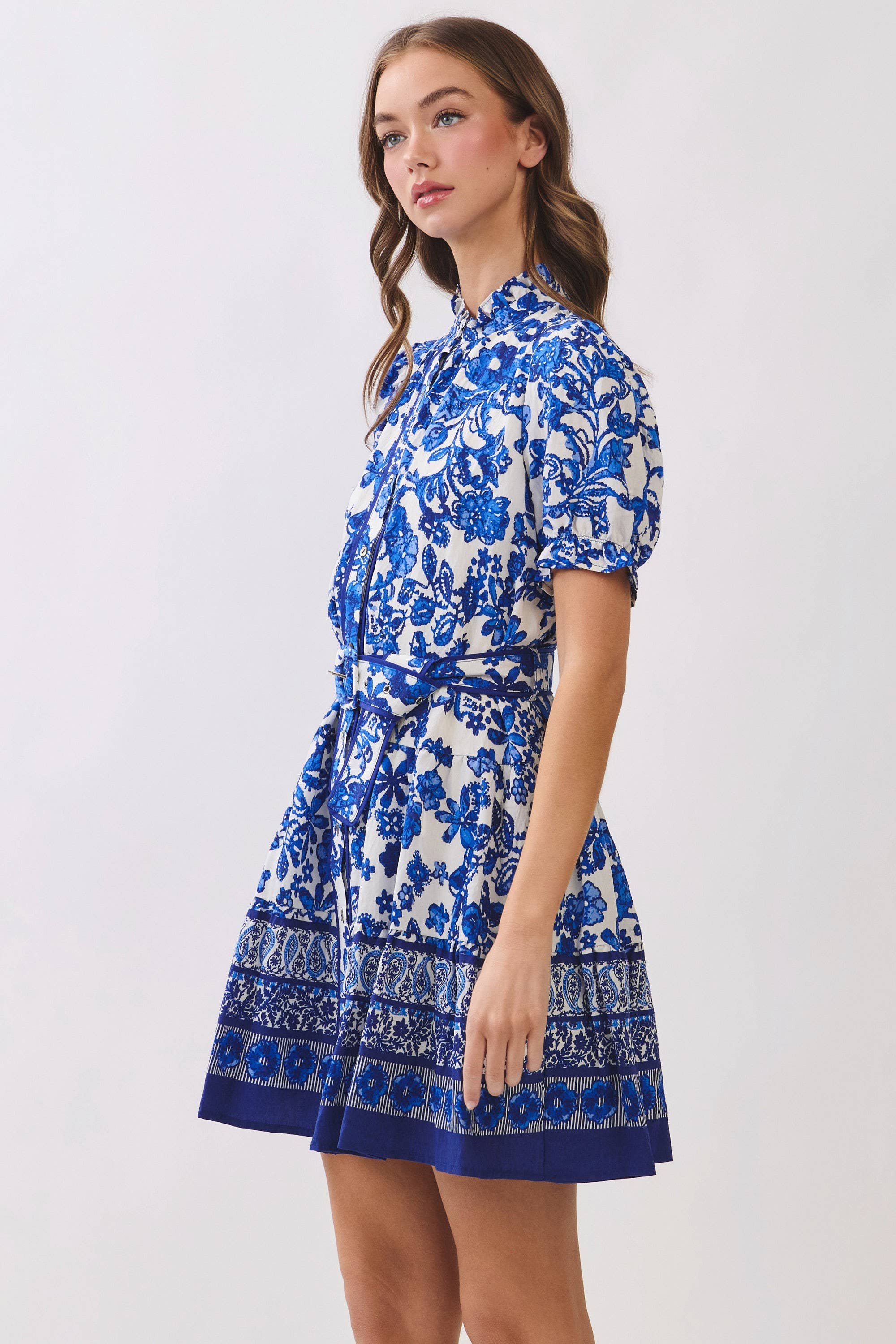 Floral Print Belted Mini Shirt Dress