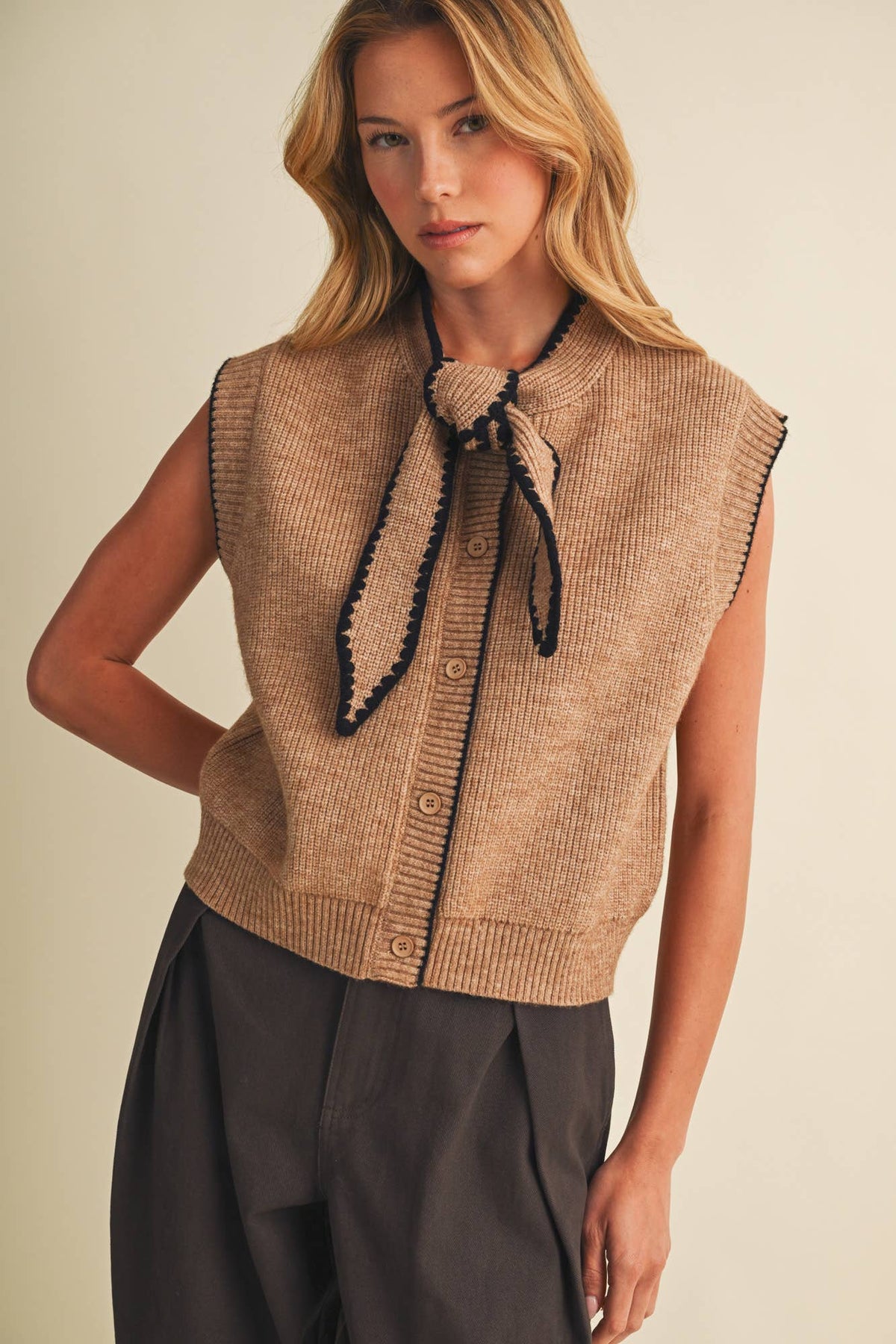 Scallop-Trim Tie-Neck Ribbed Knit Vest