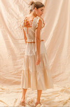 Smocked Ruffle Midi Dress with Rust Detail