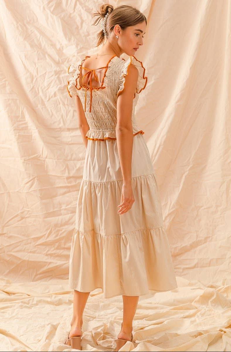 Smocked Ruffle Midi Dress with Rust Detail