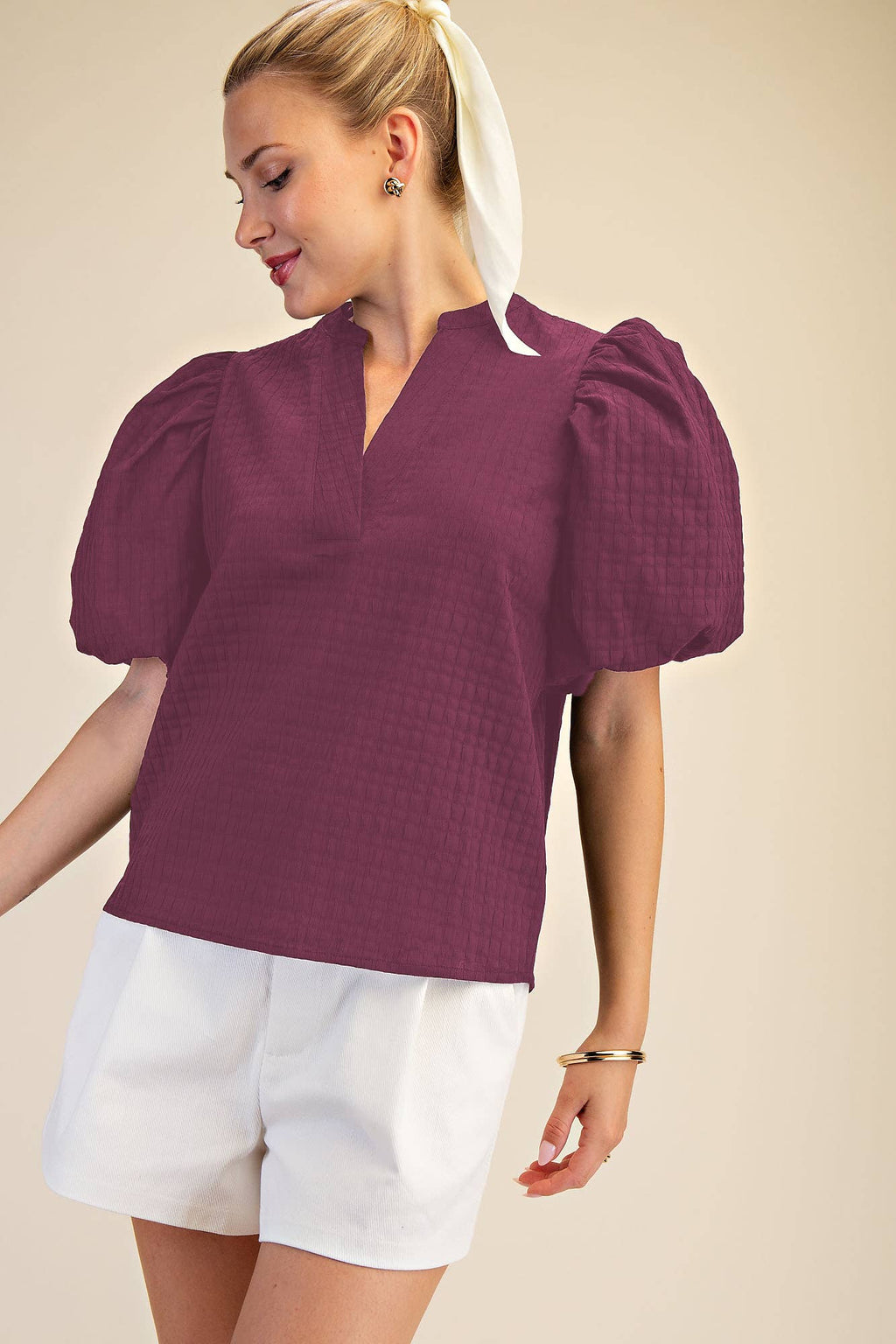 V-Neck Textured Puff Sleeve Top