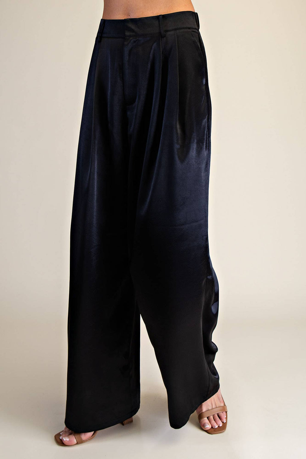 High-Waisted Double Pleat Satin Pants