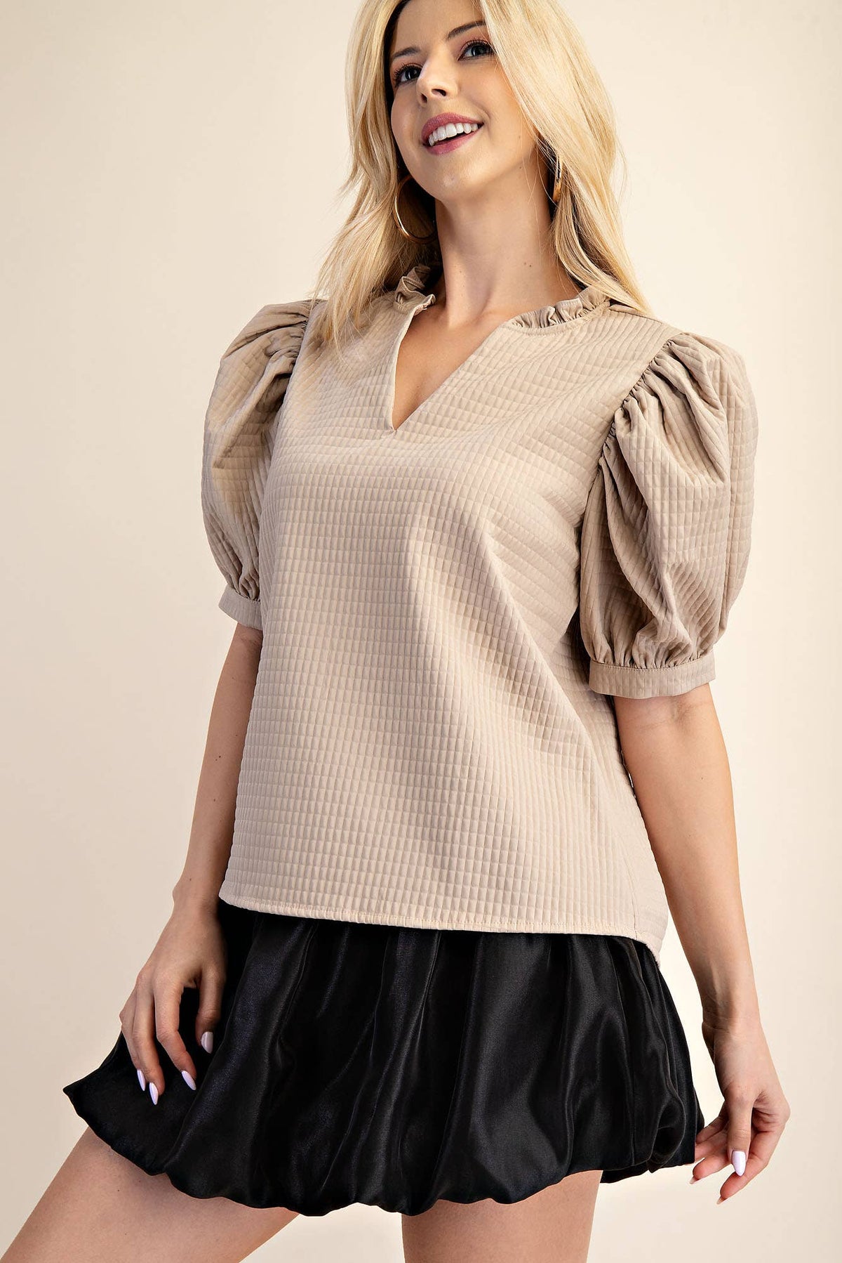 Textured Puff Sleeve Ruffle V-Neck Top