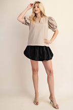 Textured Puff Sleeve Ruffle V-Neck Top