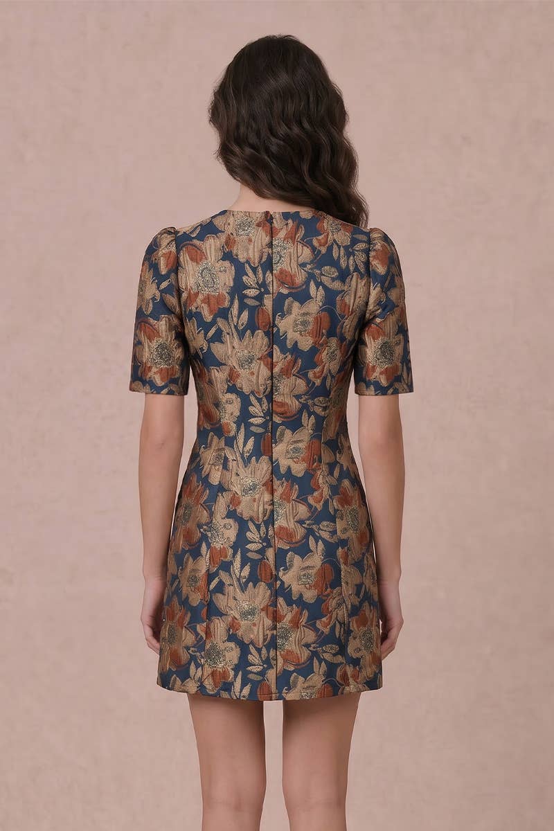 Short Puff Sleeve Jacquard Mini Dress