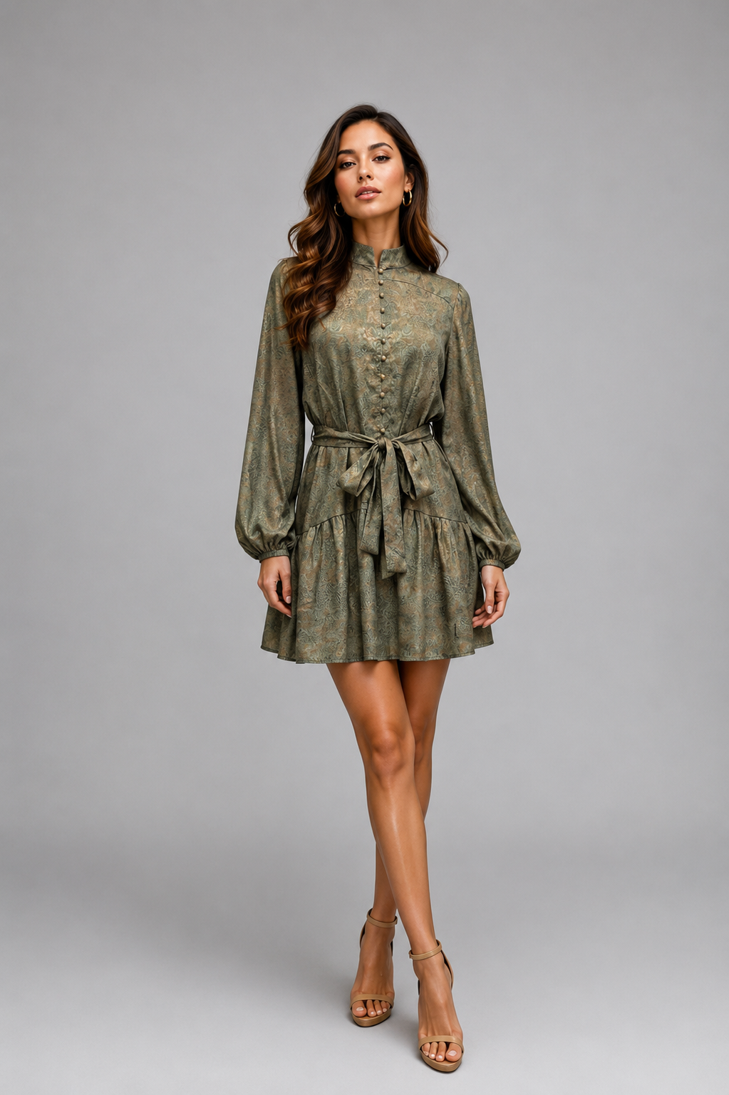 Golden Tapestry And Pearl Button Down Dress
