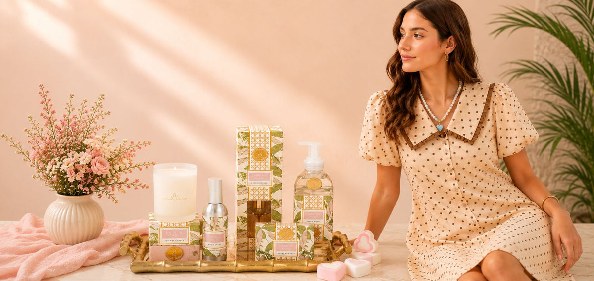 A woman in a beige polka-dot dress sits beside a styled arrangement of bath and body products, including bottles, boxes, and a candle, in a softly lit room with pink tones, flowers, and a plant.