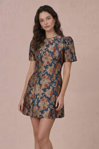 Short Puff Sleeve Jacquard Mini Dress