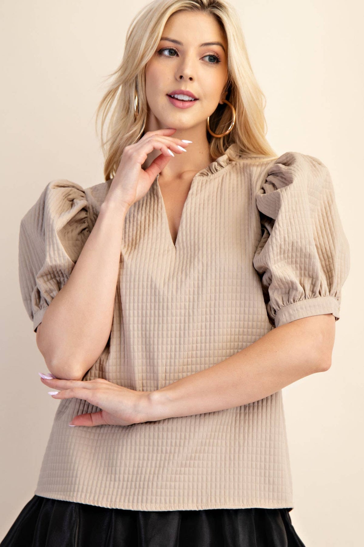 Textured Puff Sleeve Ruffle V-Neck Top