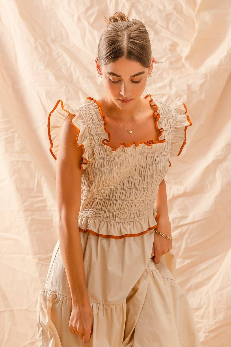 Smocked Ruffle Midi Dress with Rust Detail