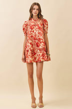 Floral Print Ruffled Mock Neck Mini Dress