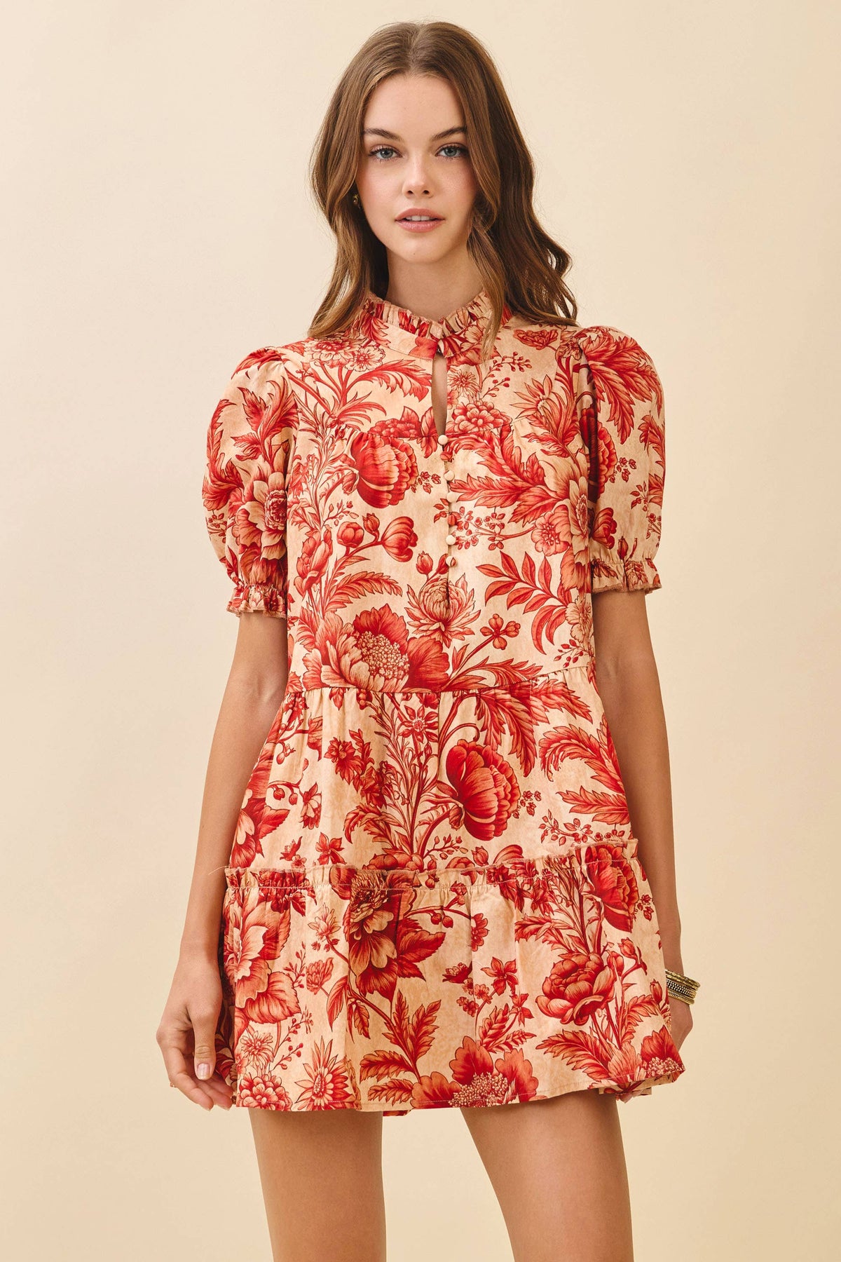 Floral Print Ruffled Mock Neck Mini Dress