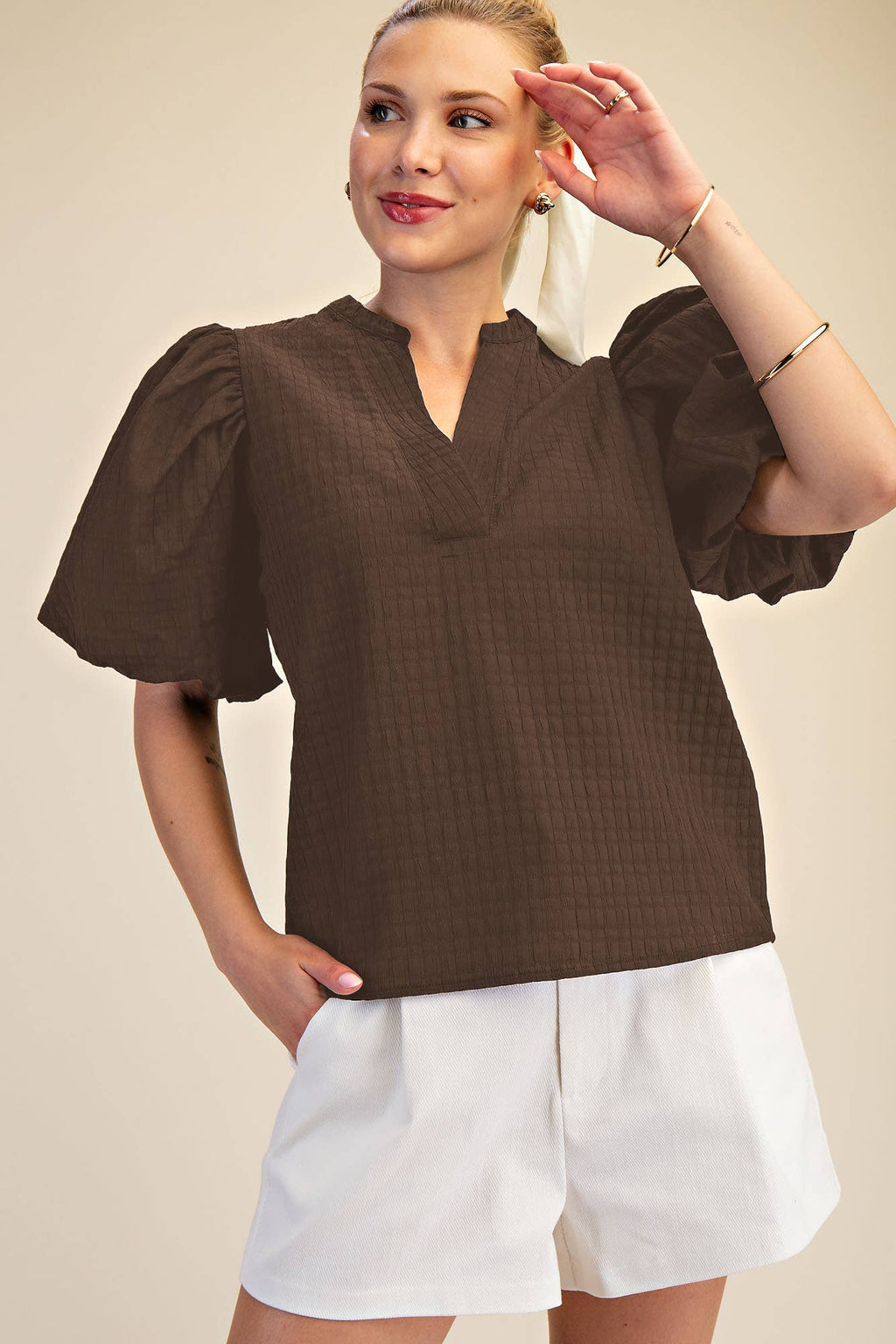V-Neck Textured Puff Sleeve Top