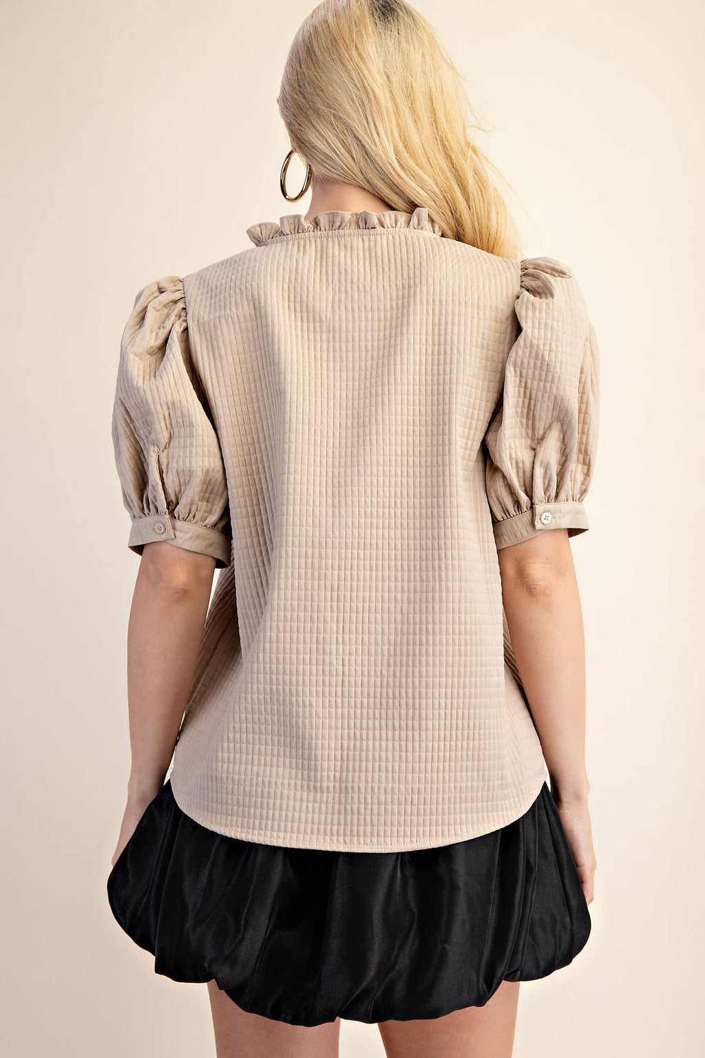 Textured Puff Sleeve Ruffle V-Neck Top