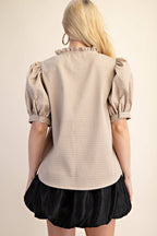 Textured Puff Sleeve Ruffle V-Neck Top