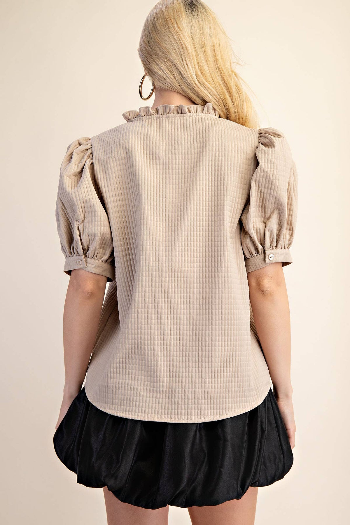 Textured Puff Sleeve Ruffle V-Neck Top