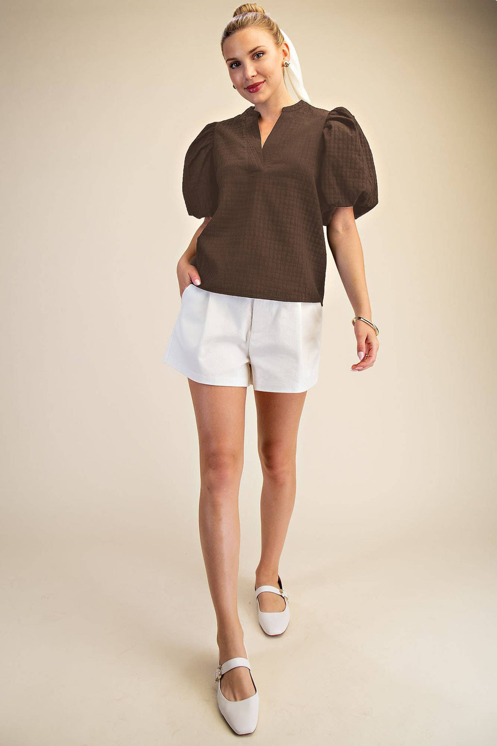V-Neck Textured Puff Sleeve Top