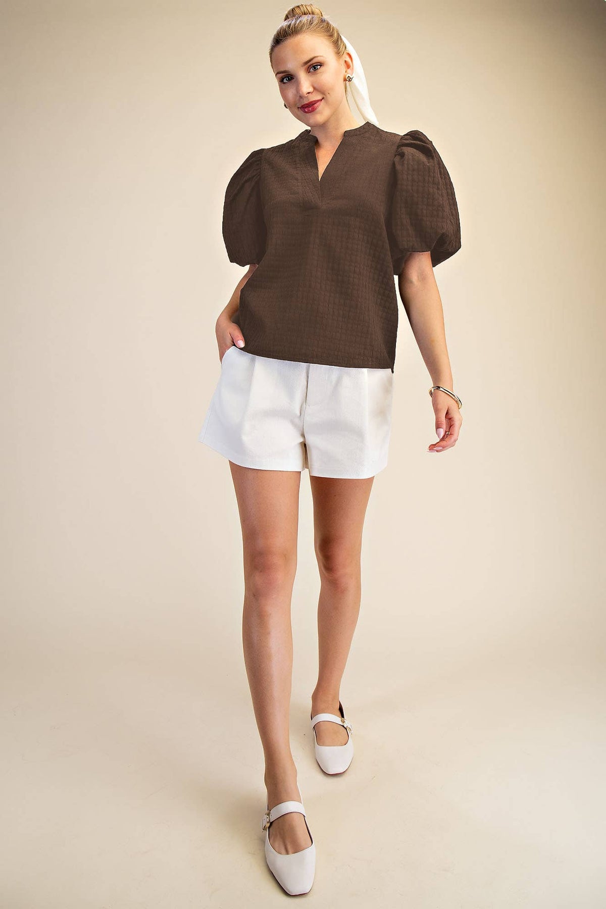 V-Neck Textured Puff Sleeve Top