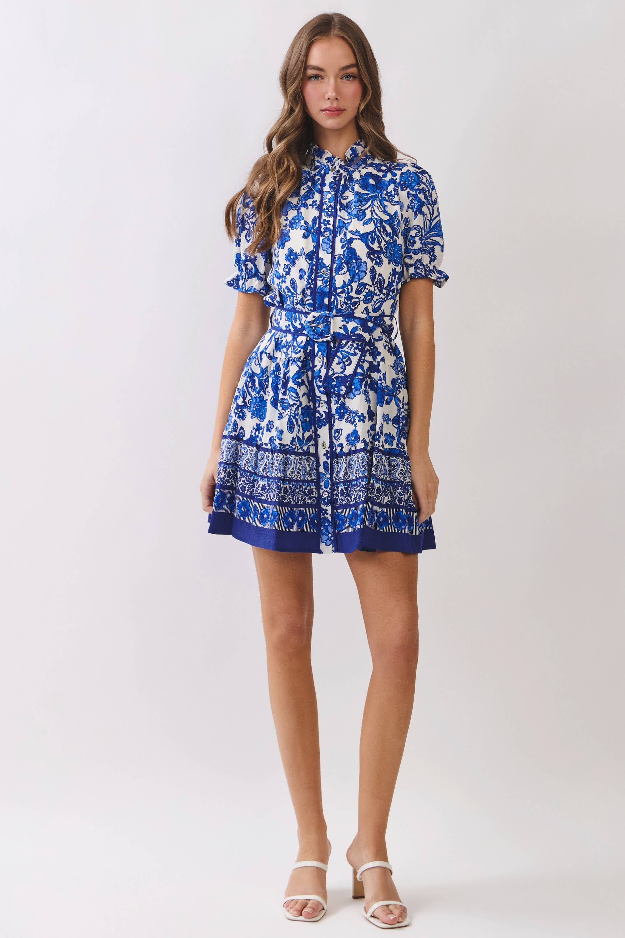 Floral Print Belted Mini Shirt Dress