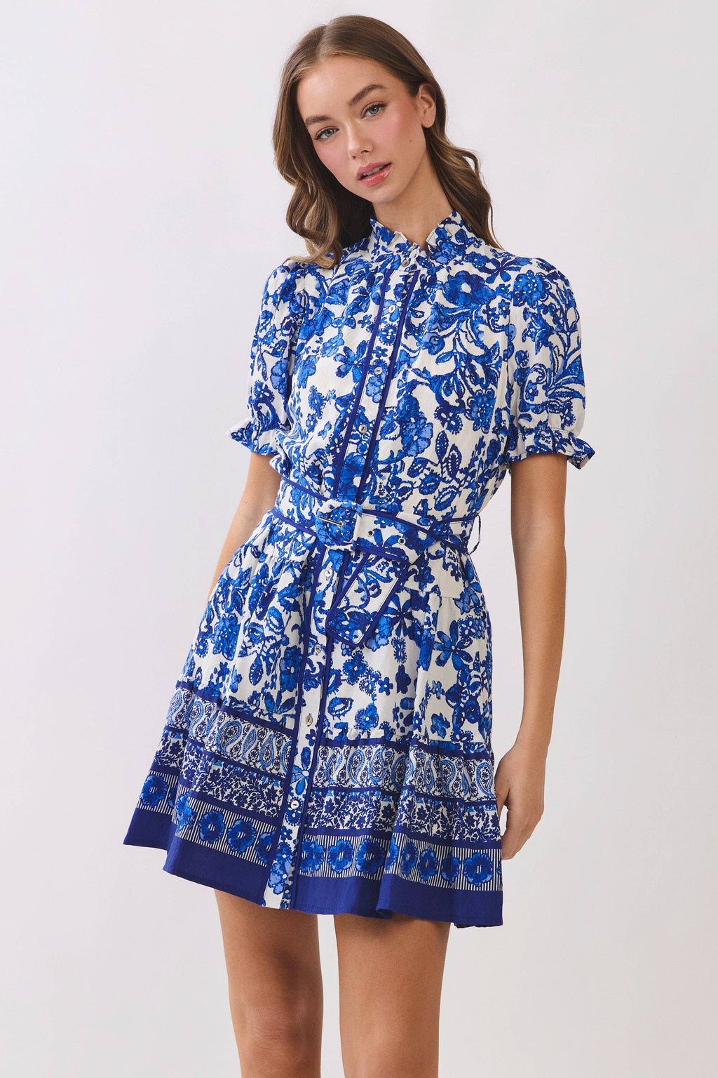 Floral Print Belted Mini Shirt Dress