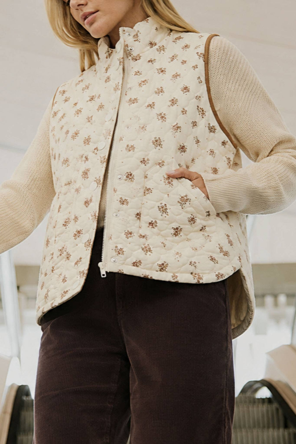 Floral Quilted Mock Neck Vest