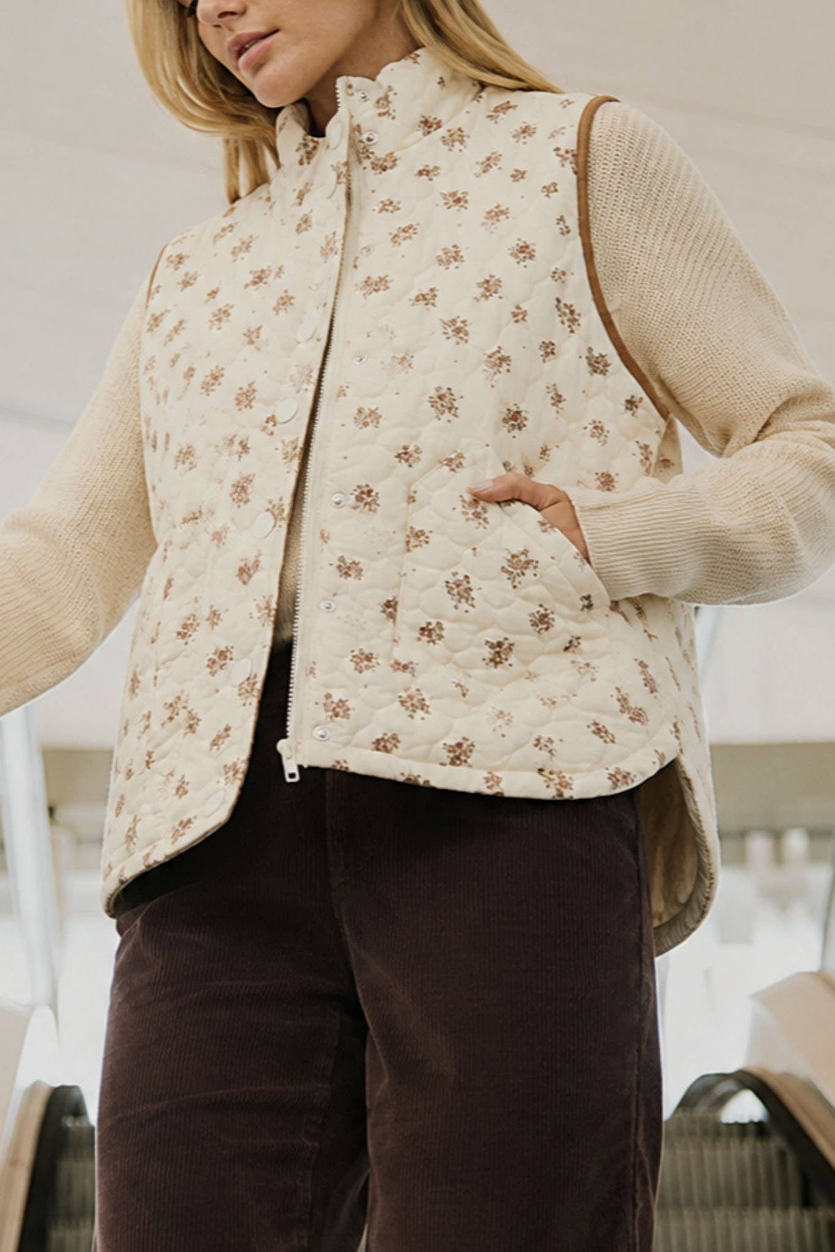 Floral Quilted Mock Neck Vest