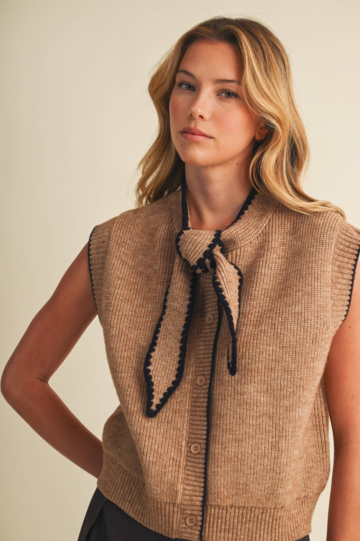 Scallop-Trim Tie-Neck Ribbed Knit Vest