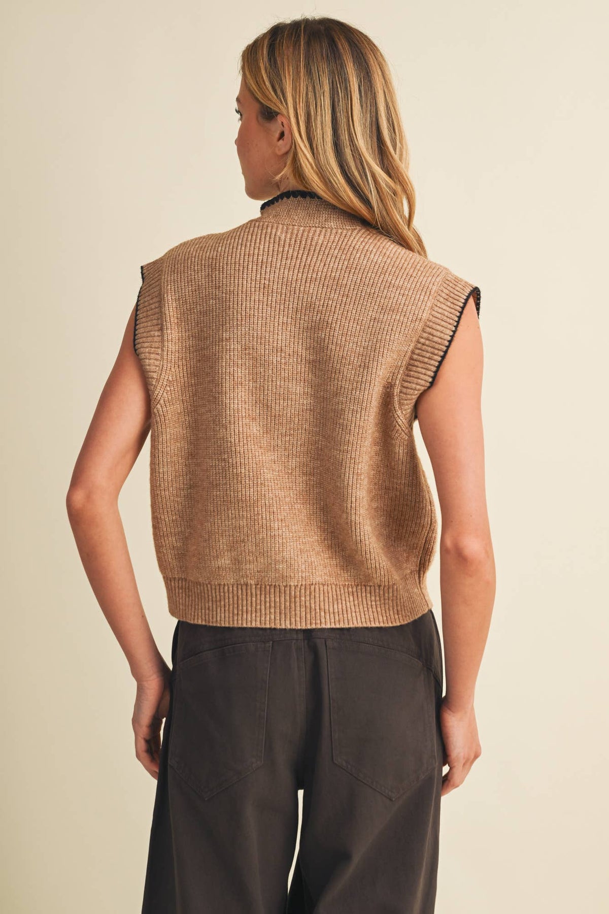 Scallop-Trim Tie-Neck Ribbed Knit Vest