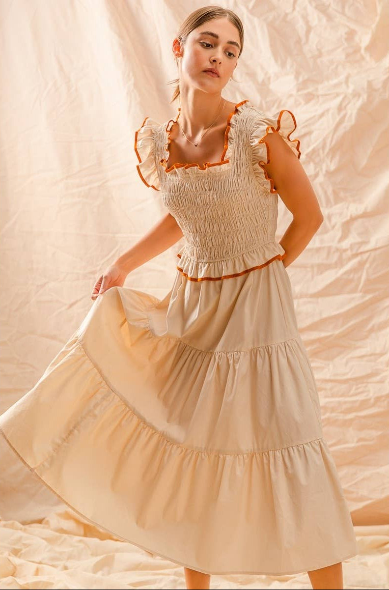 Smocked Ruffle Midi Dress with Rust Detail