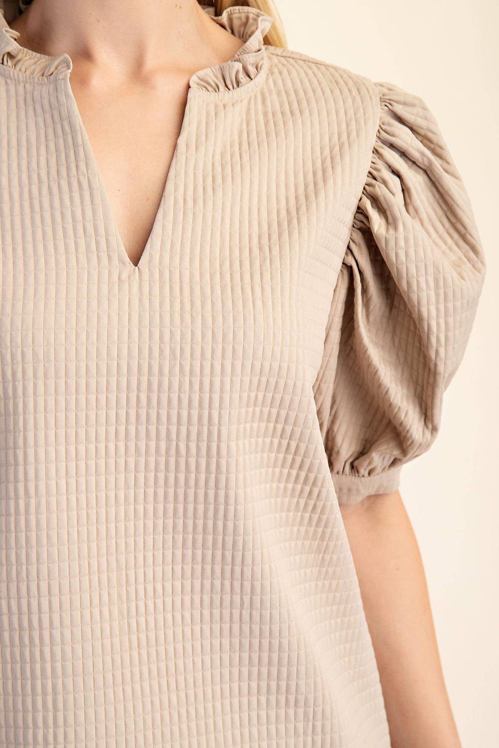 Textured Puff Sleeve Ruffle V-Neck Top