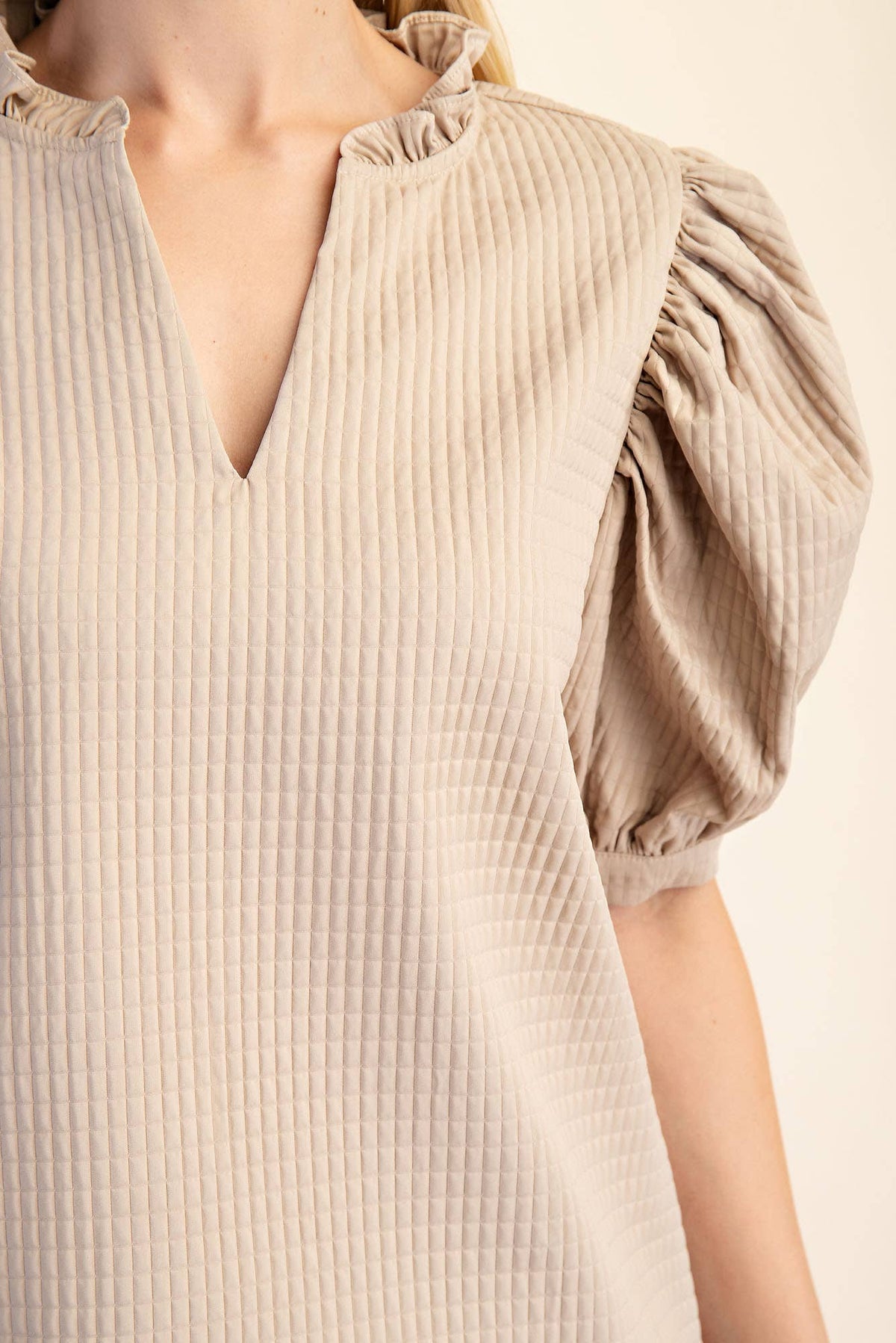 Textured Puff Sleeve Ruffle V-Neck Top